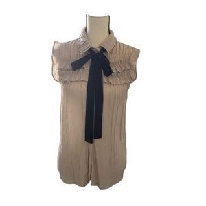E&M Ruffles Tan Button-Down Blouse Black Bow Tie